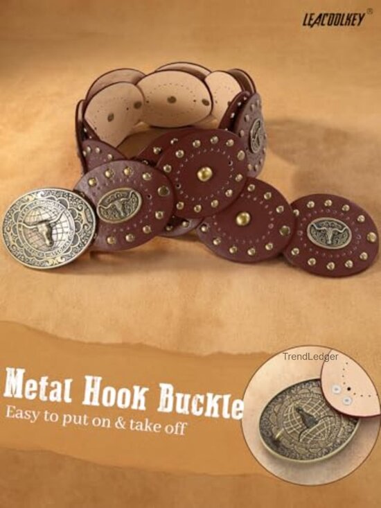 Wide Faux Leather Western Concho Disc Belt for Dresses Jeans